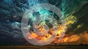 A colorful cloud formation is seen in the sky, AI