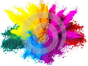 Colorful cloud Holi powder exploding against white background, depicting festive spirit Holi festival of colors