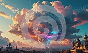 A colorful cloud is seen in the sky above a city.