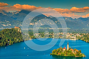 Colorful clouds and Bled lake panorama,Slovenia,Europe