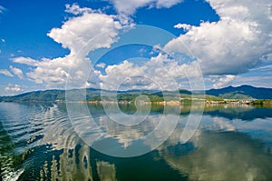 White clouds blue sky beautiful lake with wonderful mirror reflecion