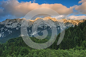 Colorful clouds and sunset in mountains,Piatra Craiului mountains,Carpathians,Romania