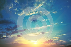 Colorful cloudy sky at sunset. Gradient color. Sky texture