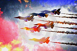 Colorful Cluster of Air Force Jets Flying in the Clouds - teamwork!