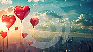 A colorful cluster of heart shaped balloons gracefully floating in the sky, A gorgeous cityscape with heart-shaped balloons