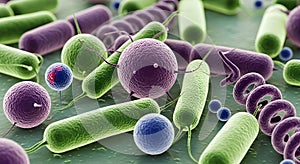 A colorful cluster of various bacteria, viruses, and germs under a microscope.