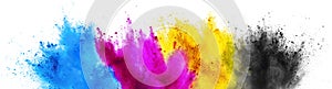 Colorful CMYK cyan magenta yellow key holi paint color powder explosion print concept isolated white background