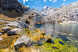 Colorful coast of Laguna Churup lake, Huaraz trek, Cordillera Blanca, Peru, South America