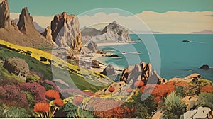 Colorful Coastal Lithograph: Pinnacles National Park Reef Postcard