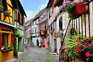 Colorful cobblestone lane in an Alsatian town, France