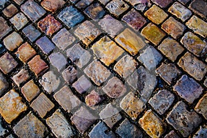 Colorful cobblestone street in european city