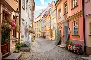 Colorful cobblestone street in a historical European street.