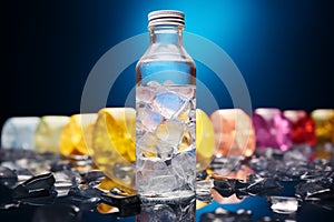 Colorful cocktail bottles nestled amidst a bed of sparkling, multicolored ice