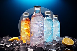 Colorful cocktail bottles nestled amidst a bed of sparkling, multicolored ice