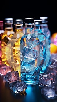 Colorful cocktail bottles nestled amidst a bed of sparkling, multicolored ice