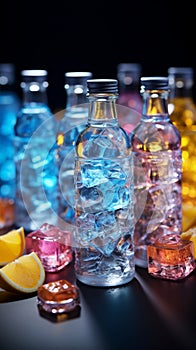 Colorful cocktail bottles nestled amidst a bed of sparkling, multicolored ice