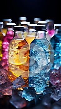 Colorful cocktail bottles nestled amidst a bed of sparkling, multicolored ice