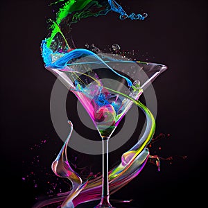 colorful cocktail in glass with splashes and lemon on dark background. Party club entertainment. Mixed light