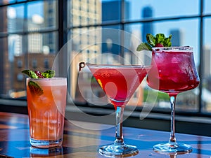 Colorful Cocktail Glasses With Vibrant Beverages on Table Against City Skyline Backdrop