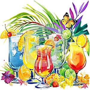 Colorful cocktail. Hand drawn watercolor illustration of cocktail fruit and tropical leaves background