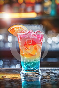 Colorful Cocktail with Orange Slice in Festive Bokeh Background