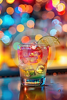 Colorful Cocktail with Orange Slice in Festive Bokeh Background