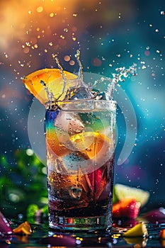 Colorful Cocktail Splash in Glass on Vibrant Party Background