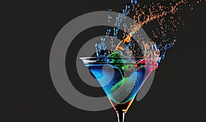 a colorful cocktail with a splash of water on the rim