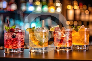 Colorful cocktails on the bar counter. Generative AI technology