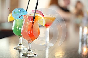 Colorful cocktails on the bar table in restaurant