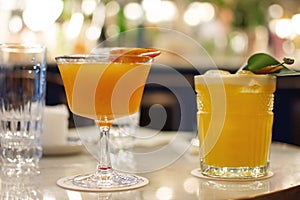 Colorful cocktails on bar table in restaurant