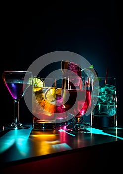 Colorful cocktails with fruits on black background