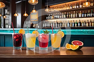 colorful cocktails with gin and tonic in glasses on a bar counter in a restaurant. blurred background.