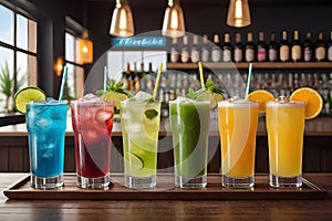 colorful cocktails with gin and tonic in glasses on a bar counter in a restaurant. blurred background.