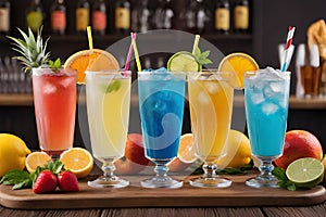 colorful cocktails with gin and tonic in glasses on a bar counter in a restaurant. blurred background.