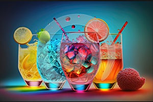 Colorful cocktails with ice cubes and fruits on a blue background