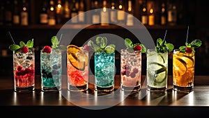 Colorful cocktails lined up on bar counter with garnishes