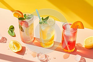 Colorful cocktails on sunny background. Refreshing summer drink. Generative AI
