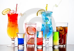 Colorful cocktails on the white backgroung on the table