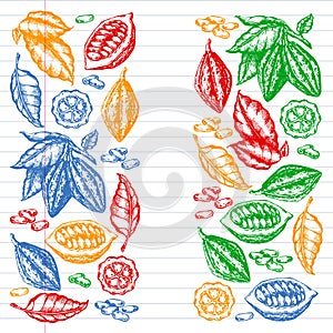 Colorful cocoa beans illustration on black background. Engraved style illustration. Chocolate cocoa beans. Vector