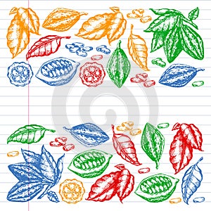 Colorful cocoa beans illustration on black background. Engraved style illustration. Chocolate cocoa beans. Vector