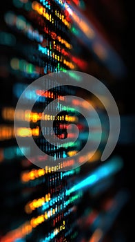 Colorful Code Lines and Binary Numbers on a Computer Screen with Neon Lights Background