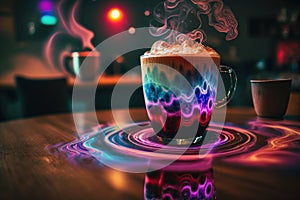 A colorful coffee cup with a rainbow colored liquid in it