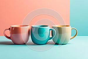 Colorful coffee mugs on bright blue background in pastel colors, minimalism concept. Generative AI