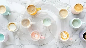 Colorful Coffee Mugs on Marble.AI generated image