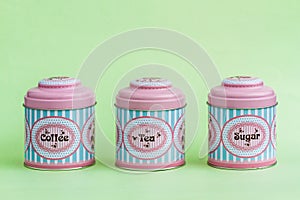 Colorful Coffee, Tea, Sugar Tin Storage Containers, Kitchen Organization, Vintage Design and Practical Functionality photo