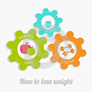 Colorful cogwheel gear set with water, apple, dumbell. Healthy lifestyle concept. How to lose weight Flat design
