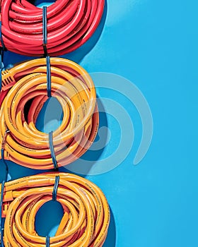 Colorful Coiled Electrical Cables on Blue Background Industrial Electric Equipment Concept