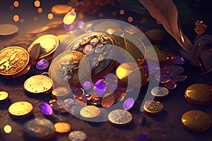 Colorful coins and gemstones, generative ai illustration creating a dazzling display of wealth and luxury