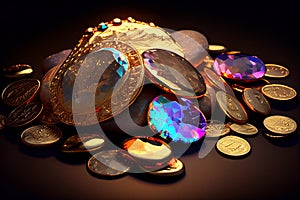 Colorful coins and gemstones, generative ai illustration creating a dazzling display of wealth and luxury